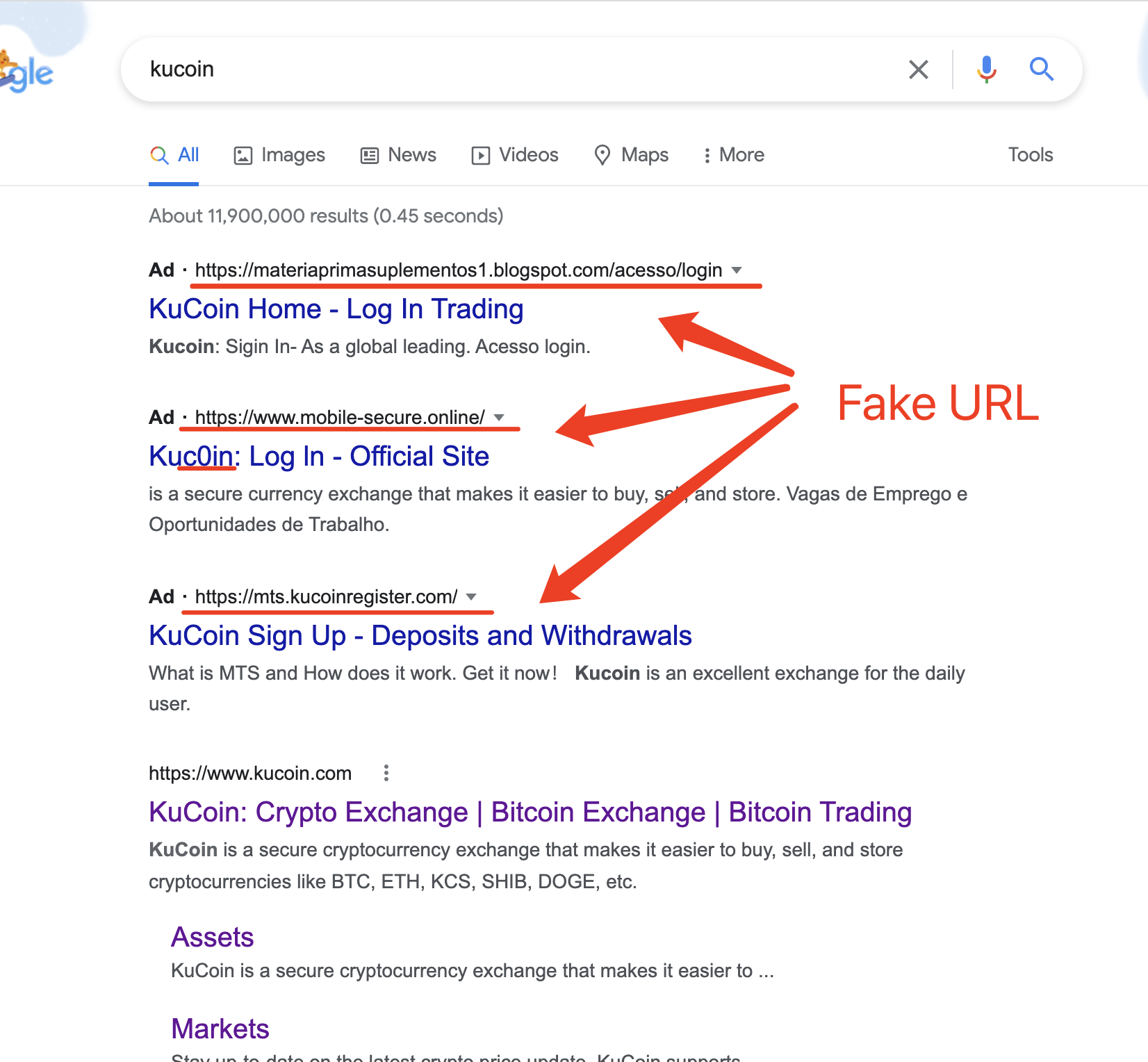 beware fake kucoin search